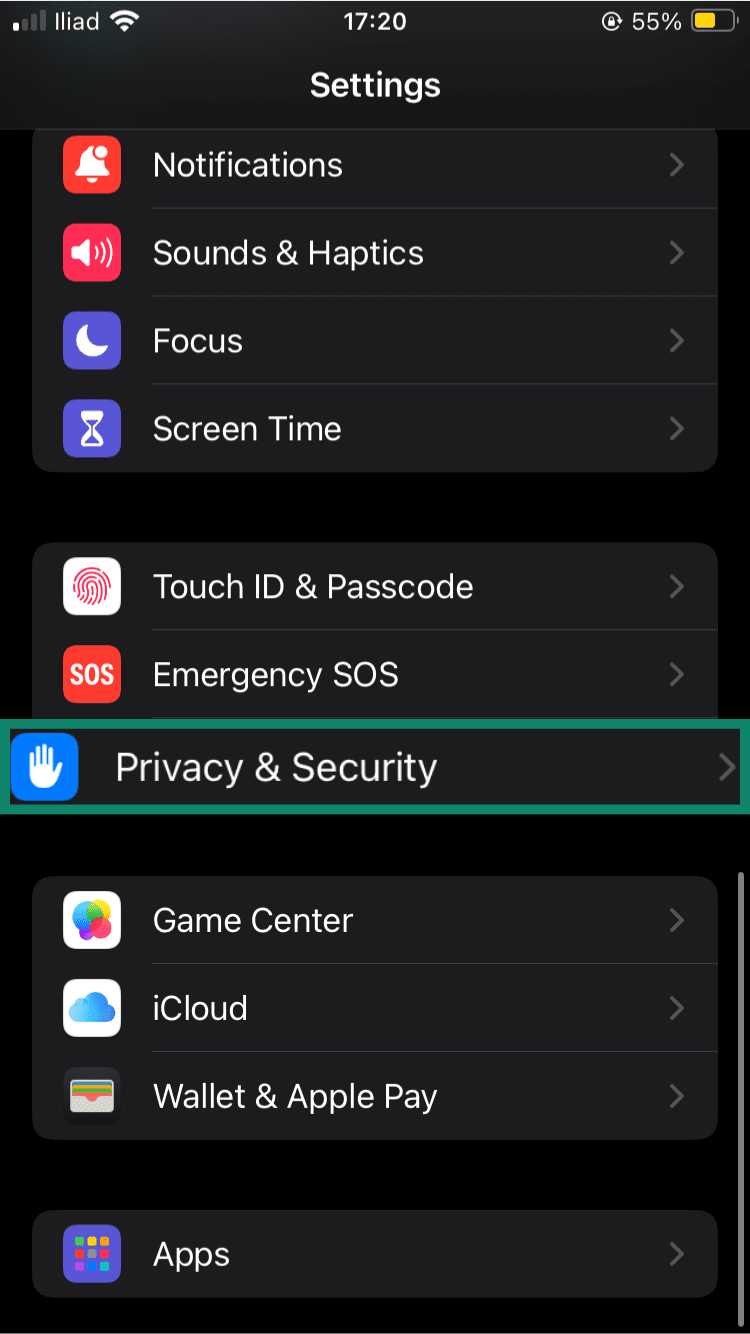 Settings menu, showing a highlighted