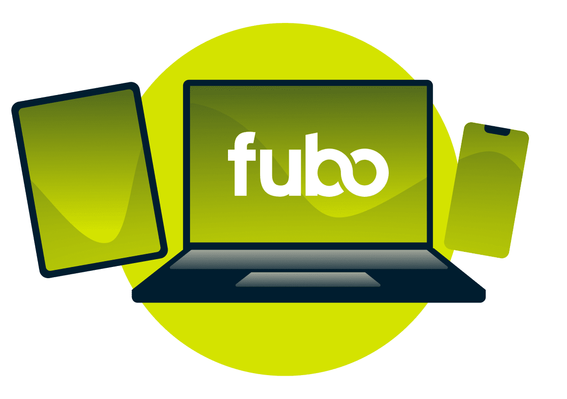 Un portatile, un tablet e un telefono, con il logo di Fubo.